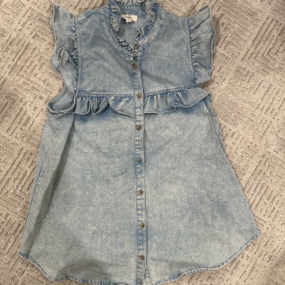 Entro Denim Blue Ruffle Button-Down Dress Fits like a 6 - Picture 2 of 13